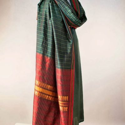 Silk sari in rich dark green with dark red pallu